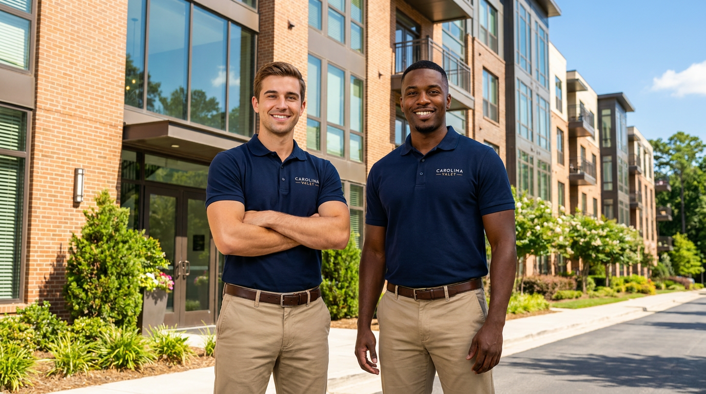 Two uniformed Carolina Valet crew members smiling in front of a modern Charlotte apartment community