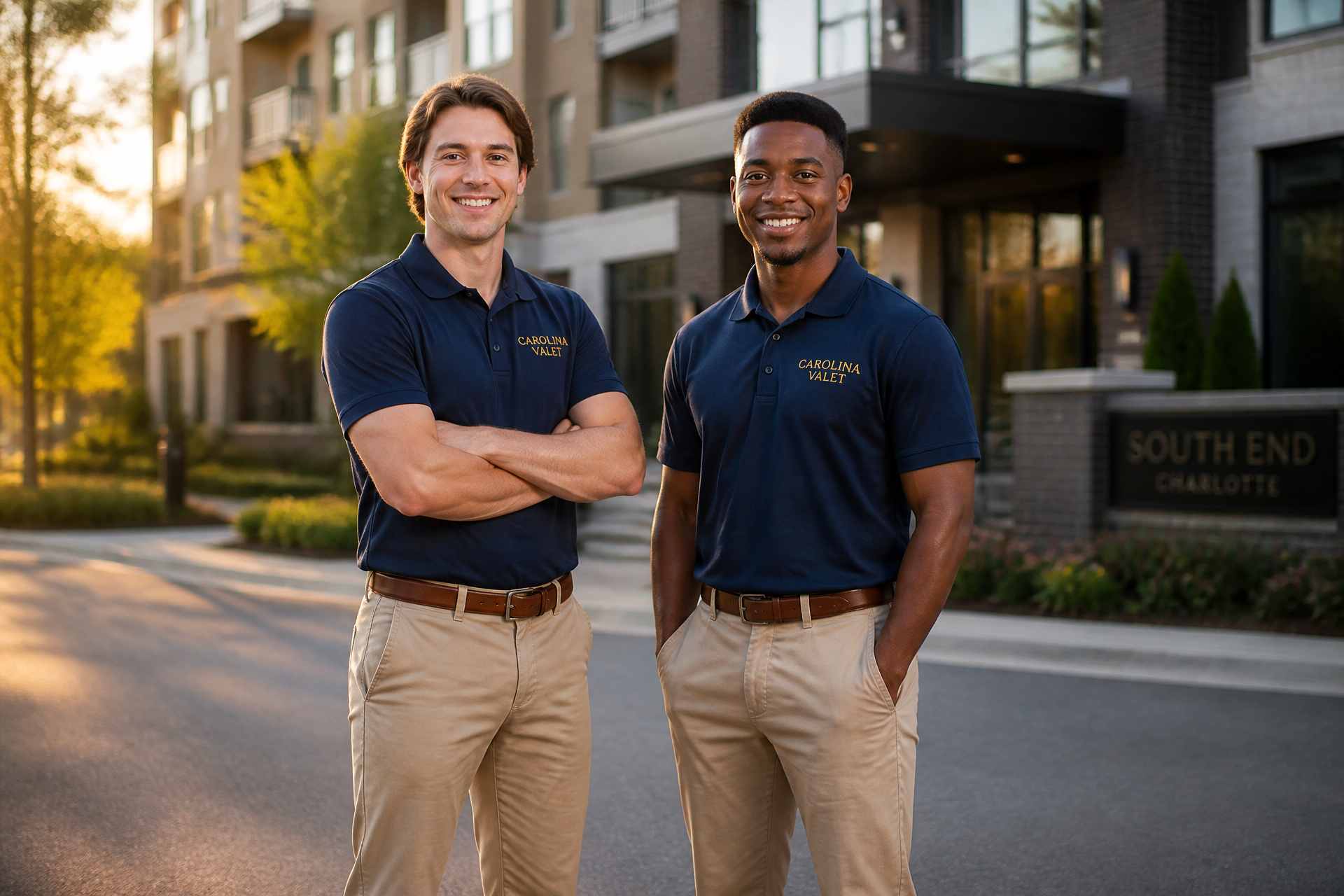 Two uniformed Carolina Valet crew members smiling at the camera in front of a modern Charlotte apartment community